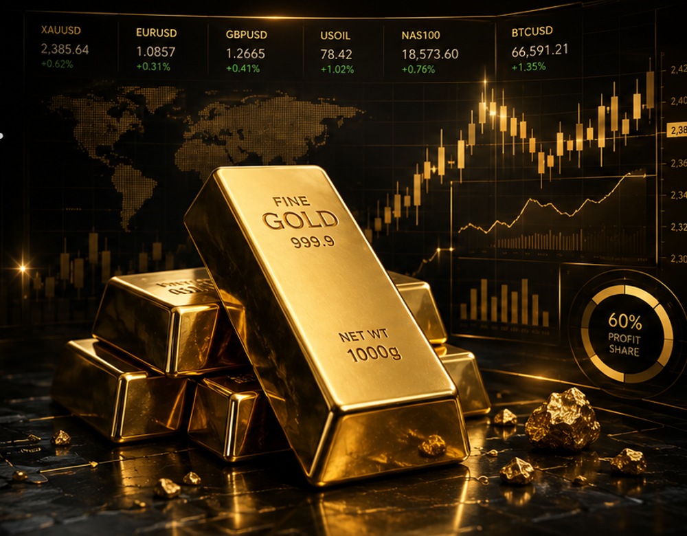 Gold bars with trading charts and market analytics